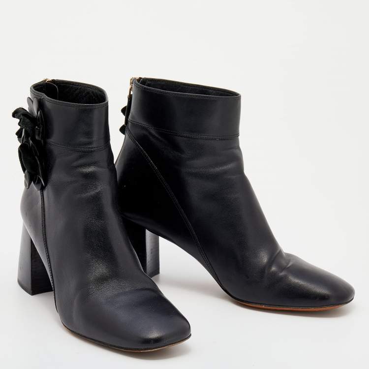 Pre Owned Tory Burch Black Leather Blossom Square Toe Ankle Boots Size 38.5