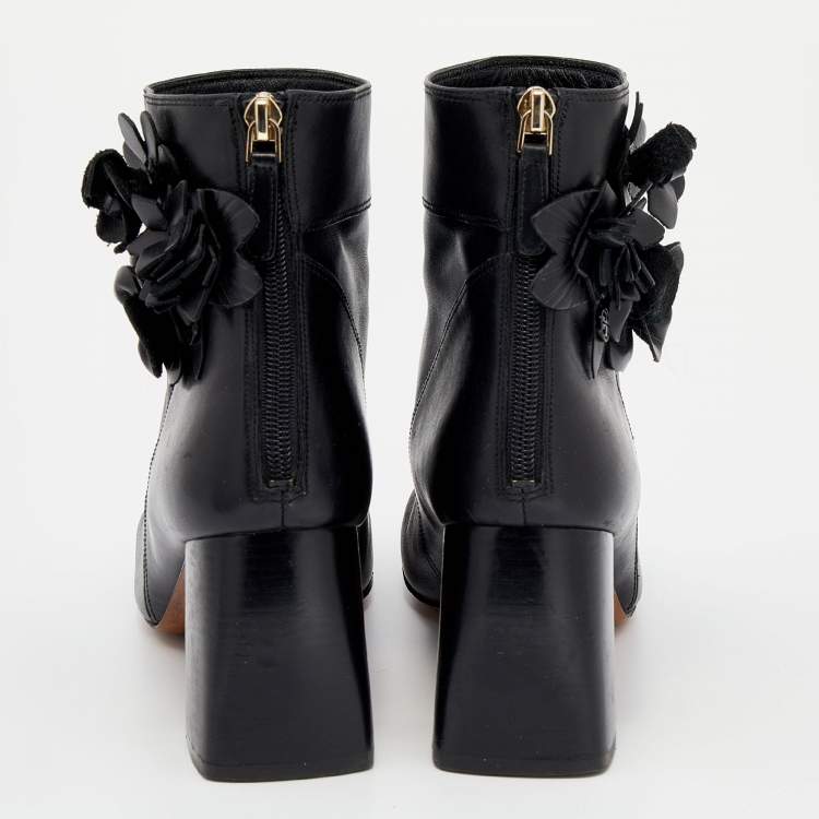 Pre Owned Tory Burch Black Leather Blossom Square Toe Ankle Boots Size 38.5