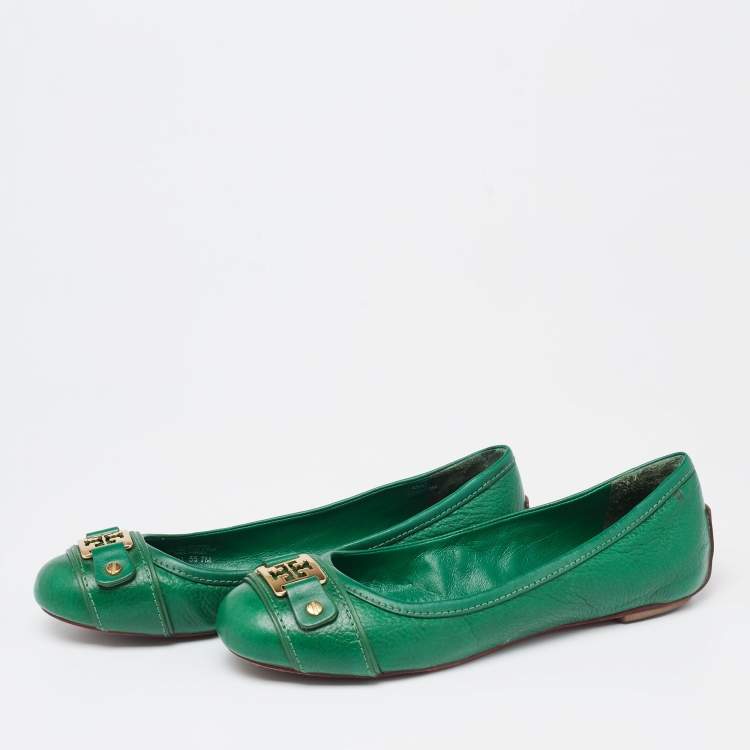 Pre Owned Tory Burch Green Leather Cline Ballet Flats Size 37.5