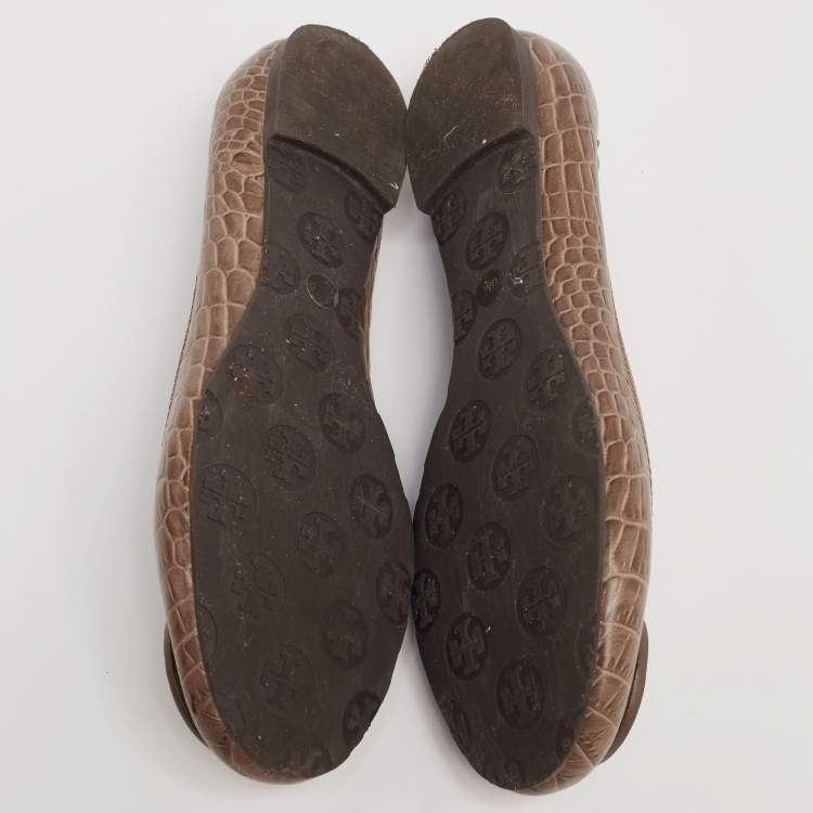 Pre Owned Tory Burch Brown Croc Embossed Leather Reva Ballet Flats Size 38.5
