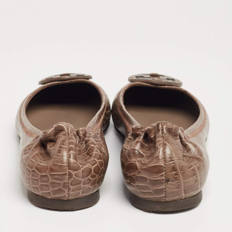 Pre Owned Tory Burch Brown Croc Embossed Leather Reva Ballet Flats Size 38.5