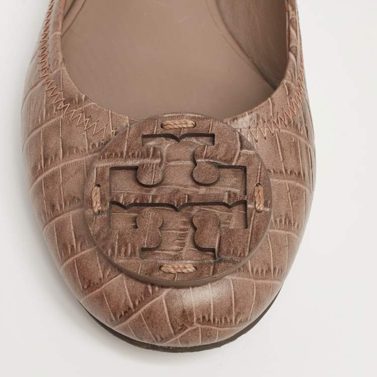Pre Owned Tory Burch Brown Croc Embossed Leather Reva Ballet Flats Size 38.5