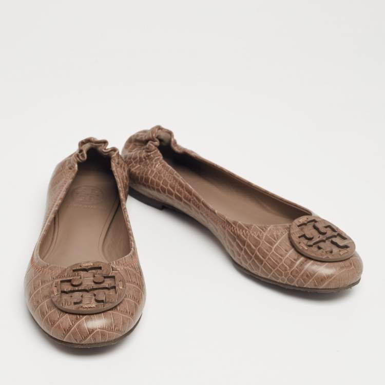 Pre Owned Tory Burch Brown Croc Embossed Leather Reva Ballet Flats Size 38.5