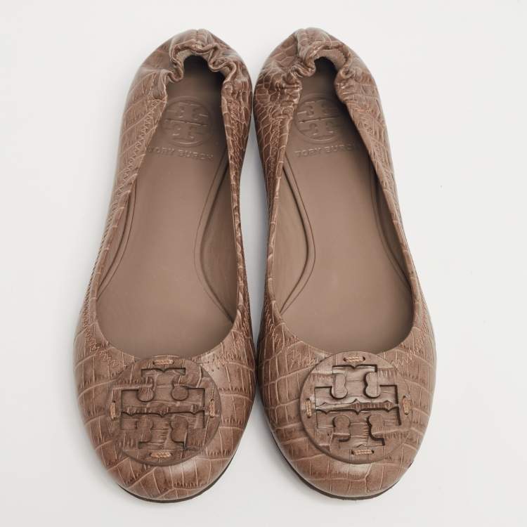 Pre Owned Tory Burch Brown Croc Embossed Leather Reva Ballet Flats Size 38.5