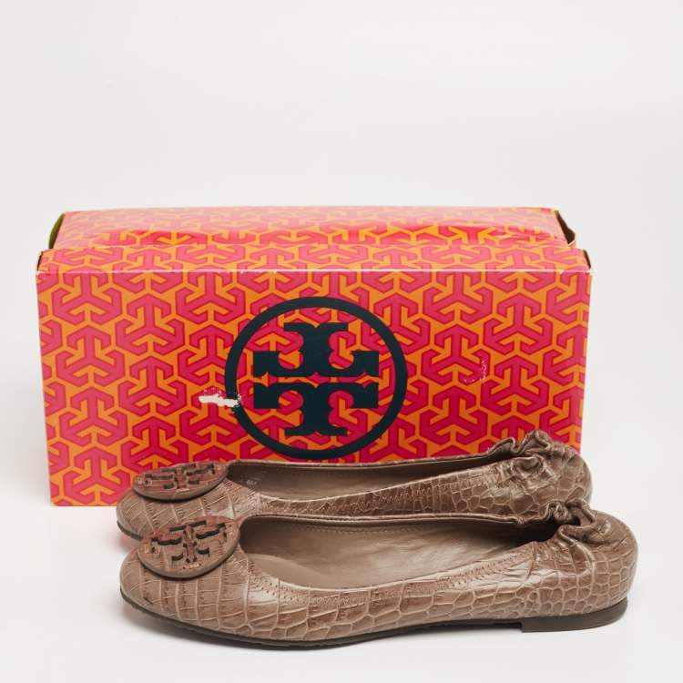 Pre Owned Tory Burch Brown Croc Embossed Leather Reva Ballet Flats Size 38.5