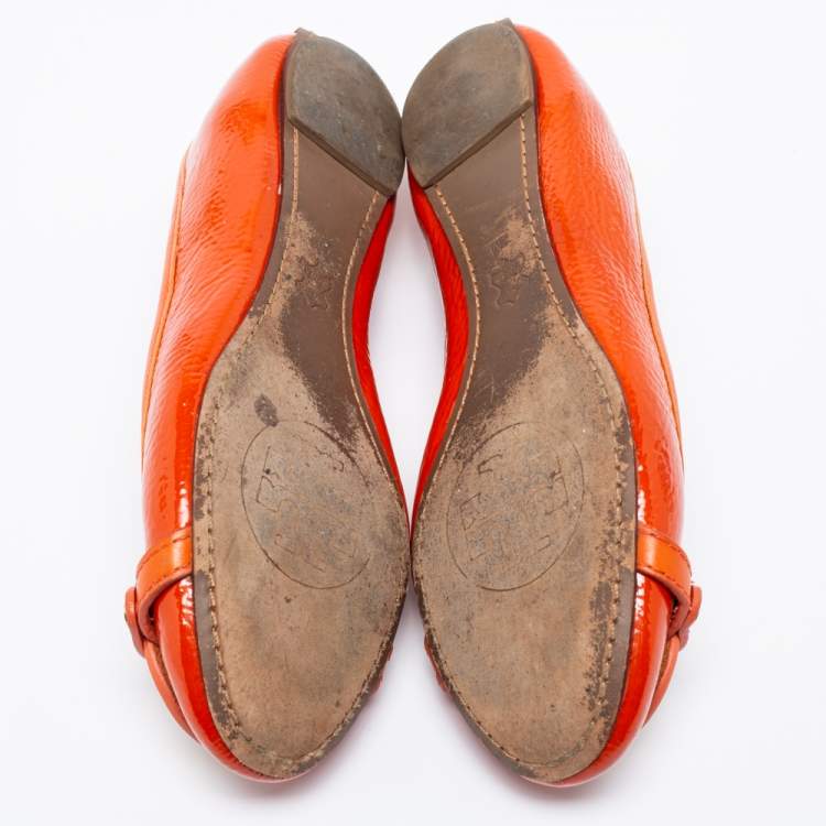 Pre Owned Tory Burch Orange Patent Leather Aaden Ballet Flats Size 37.5