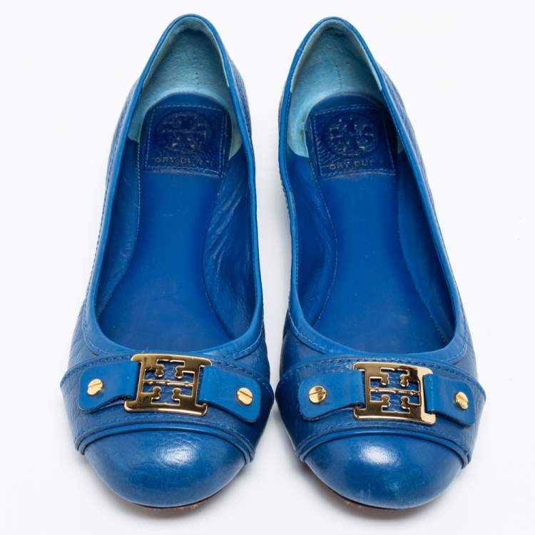 Pre Owned Tory Burch Blue Leather Cline Ballet Flats Size 37.5