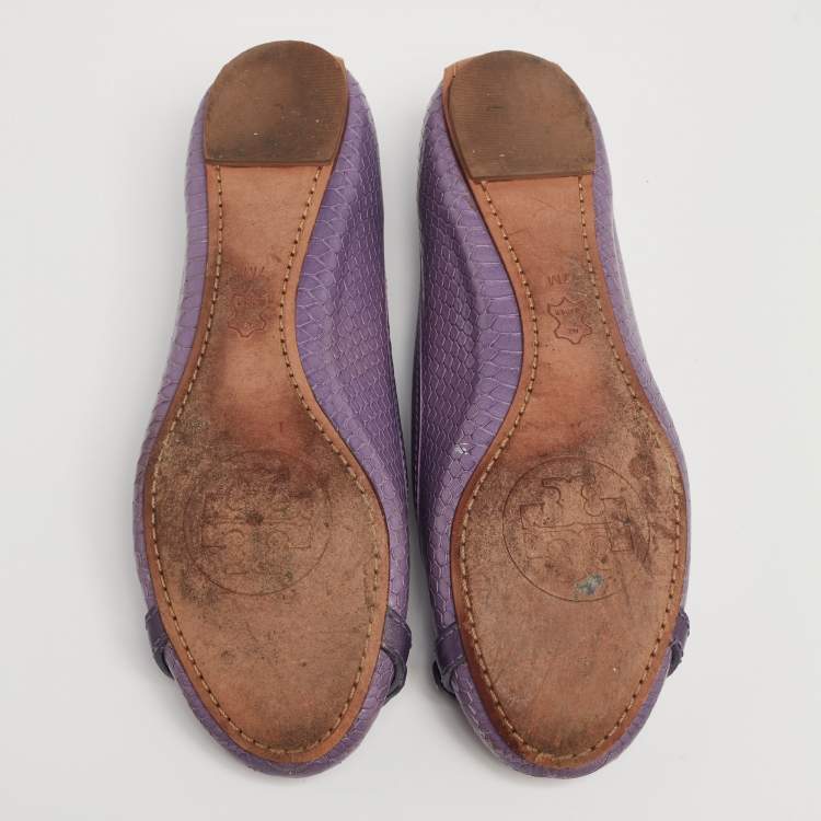 Pre Owned Tory Burch Purple Snakeskin Embossed Leather Aaden Ballet Flats Size 37.5
