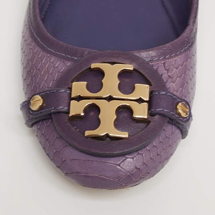 Pre Owned Tory Burch Purple Snakeskin Embossed Leather Aaden Ballet Flats Size 37.5