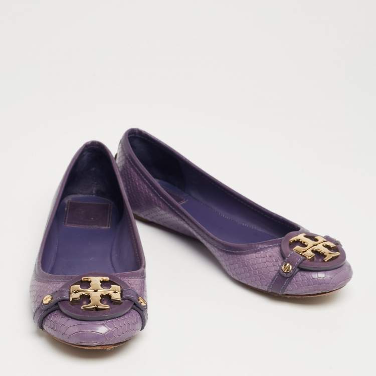 Pre Owned Tory Burch Purple Snakeskin Embossed Leather Aaden Ballet Flats Size 37.5