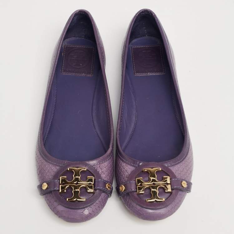 Pre Owned Tory Burch Purple Snakeskin Embossed Leather Aaden Ballet Flats Size 37.5