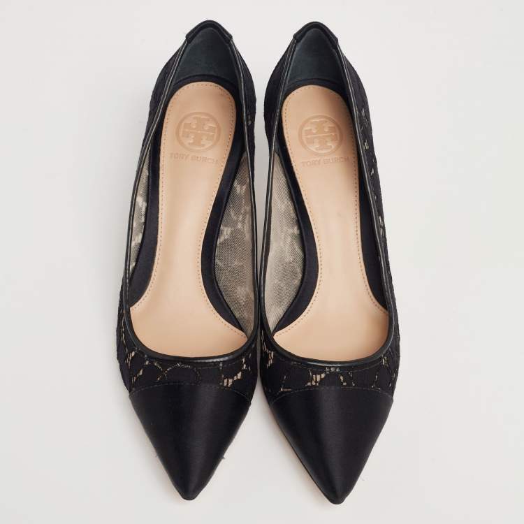 Pre Owned Tory Burch Black Lace and Satin Glenna Pumps Size 37.5