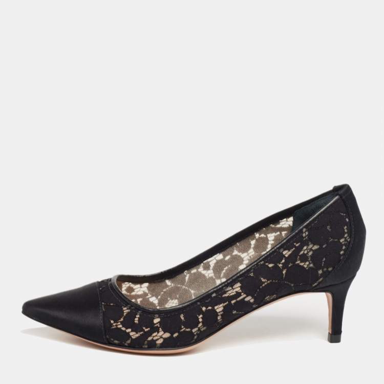 Pre Owned Tory Burch Black Lace and Satin Glenna Pumps Size 37.5