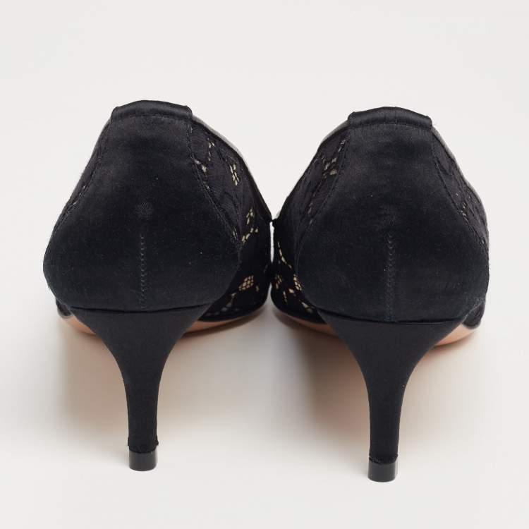 Pre Owned Tory Burch Black Lace and Satin Glenna Pumps Size 37.5