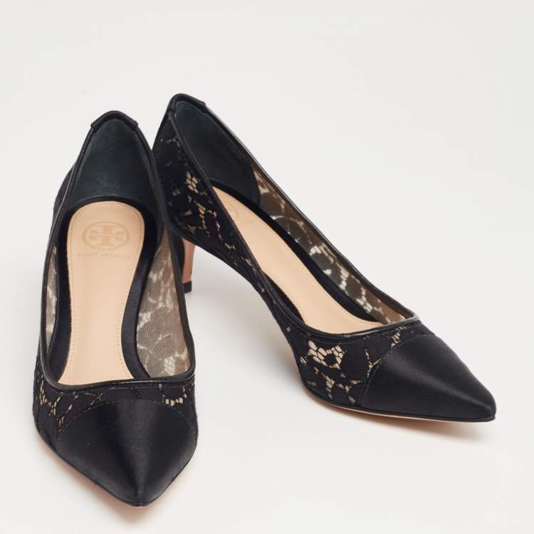 Pre Owned Tory Burch Black Lace and Satin Glenna Pumps Size 37.5