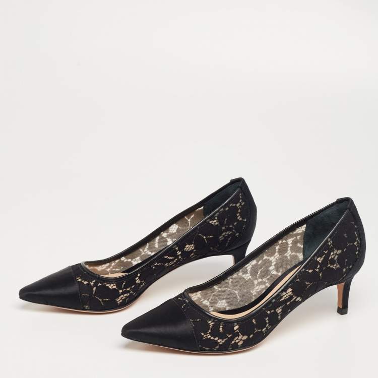 Pre Owned Tory Burch Black Lace and Satin Glenna Pumps Size 37.5