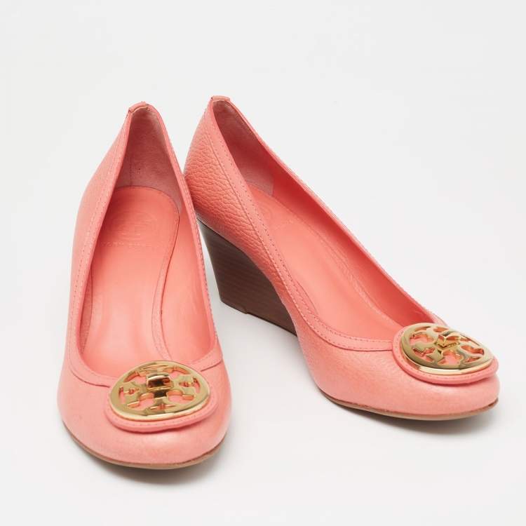 Pre Owned Tory Burch Salmon Pink Leather Selma Wedge Pumps Size 39
