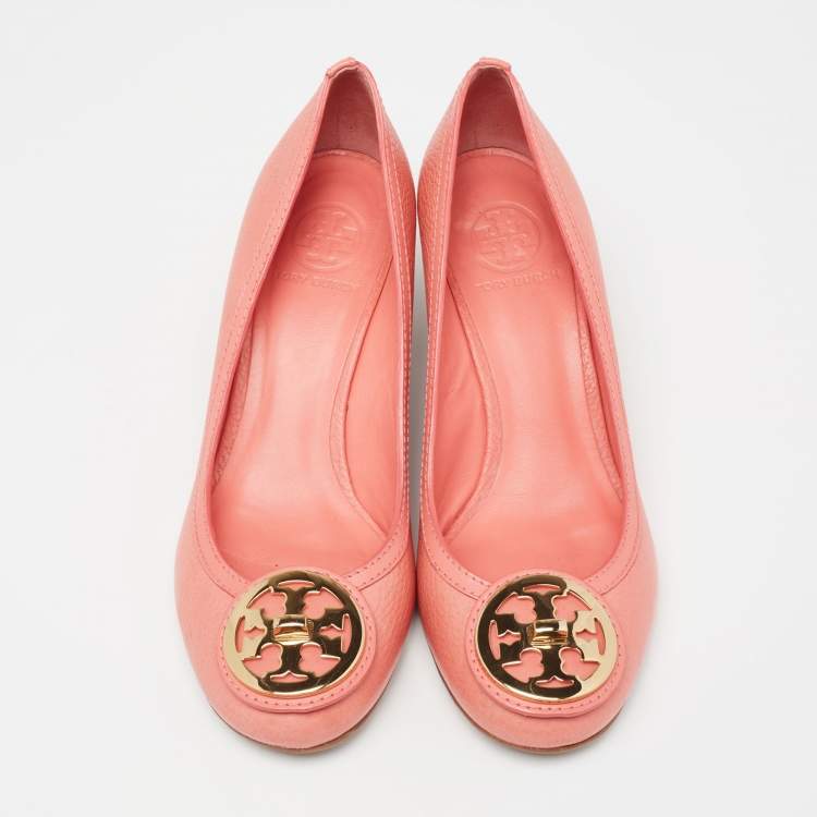 Pre Owned Tory Burch Salmon Pink Leather Selma Wedge Pumps Size 39