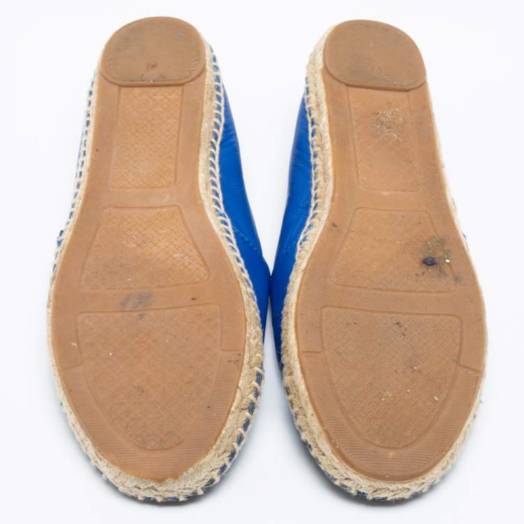 Pre Owned Tory Burch Royal Blue/Black Leather Flat Espadrilles Size 39.5