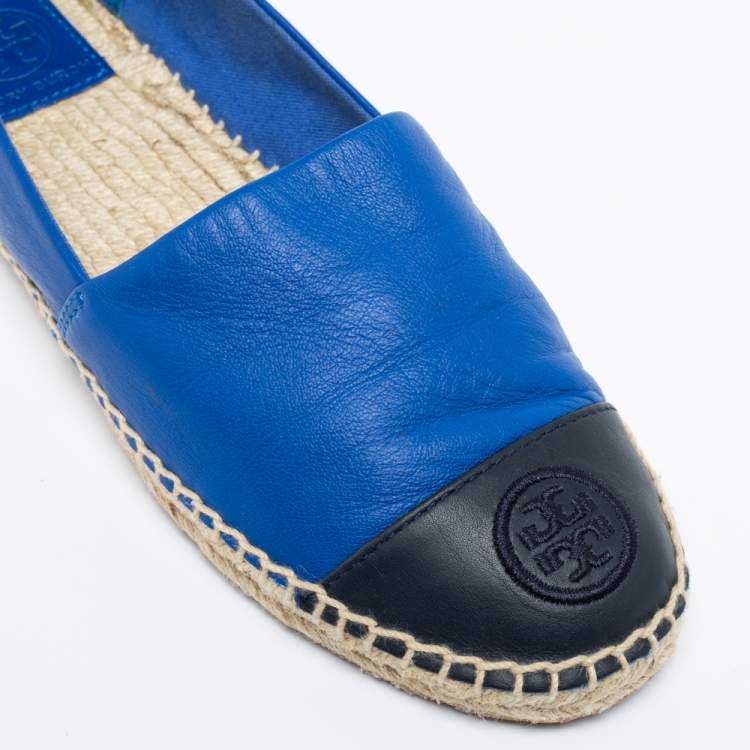 Pre Owned Tory Burch Royal Blue/Black Leather Flat Espadrilles Size 39.5