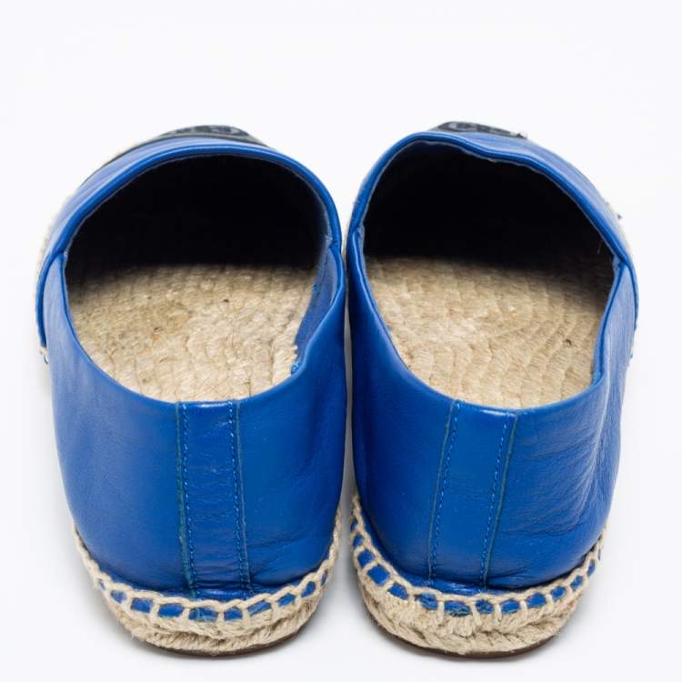 Pre Owned Tory Burch Royal Blue/Black Leather Flat Espadrilles Size 39.5