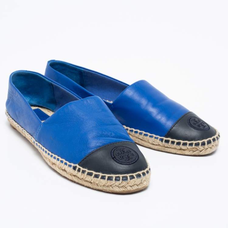 Pre Owned Tory Burch Royal Blue/Black Leather Flat Espadrilles Size 39.5