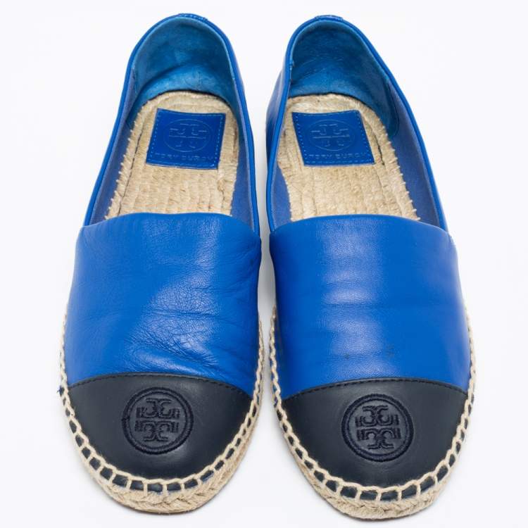 Pre Owned Tory Burch Royal Blue/Black Leather Flat Espadrilles Size 39.5