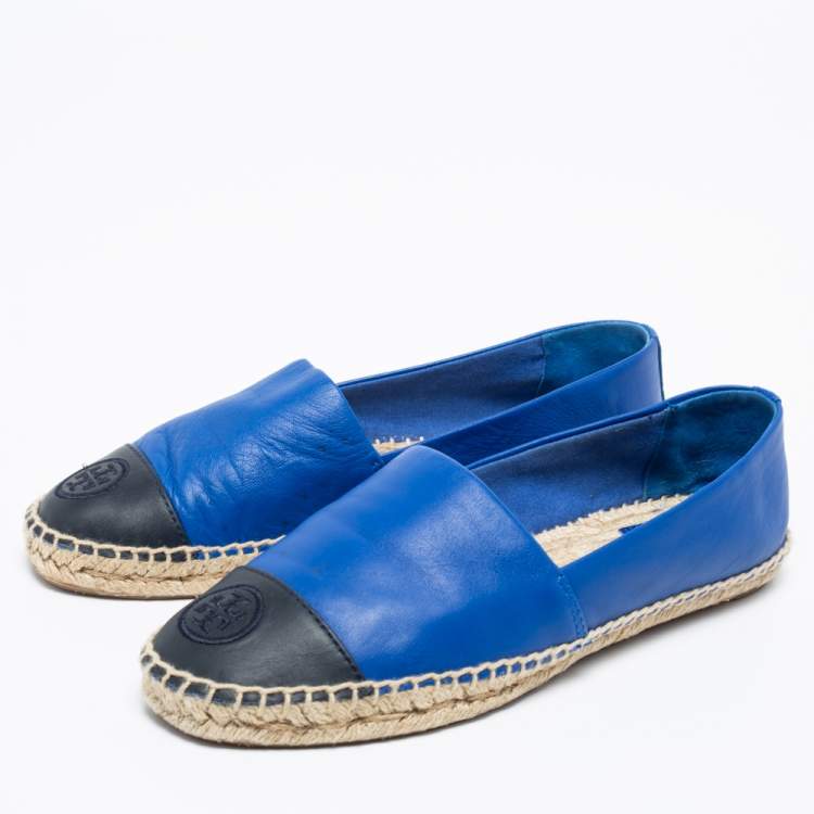Pre Owned Tory Burch Royal Blue/Black Leather Flat Espadrilles Size 39.5