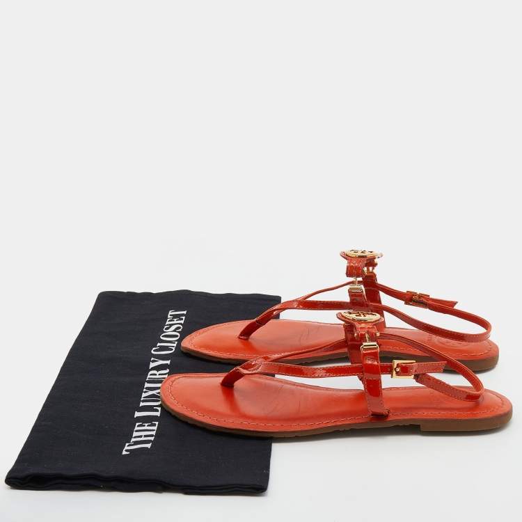 Pre Owned Tory Burch Orange Patent Leather Logo Embellished Flat Thong Slingback Sandals Size 38