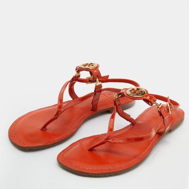 Pre Owned Tory Burch Orange Patent Leather Logo Embellished Flat Thong Slingback Sandals Size 38