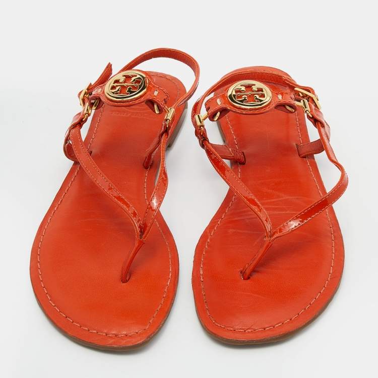 Pre Owned Tory Burch Orange Patent Leather Logo Embellished Flat Thong Slingback Sandals Size 38