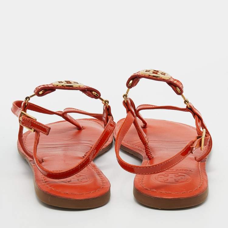 Pre Owned Tory Burch Orange Patent Leather Logo Embellished Flat Thong Slingback Sandals Size 38