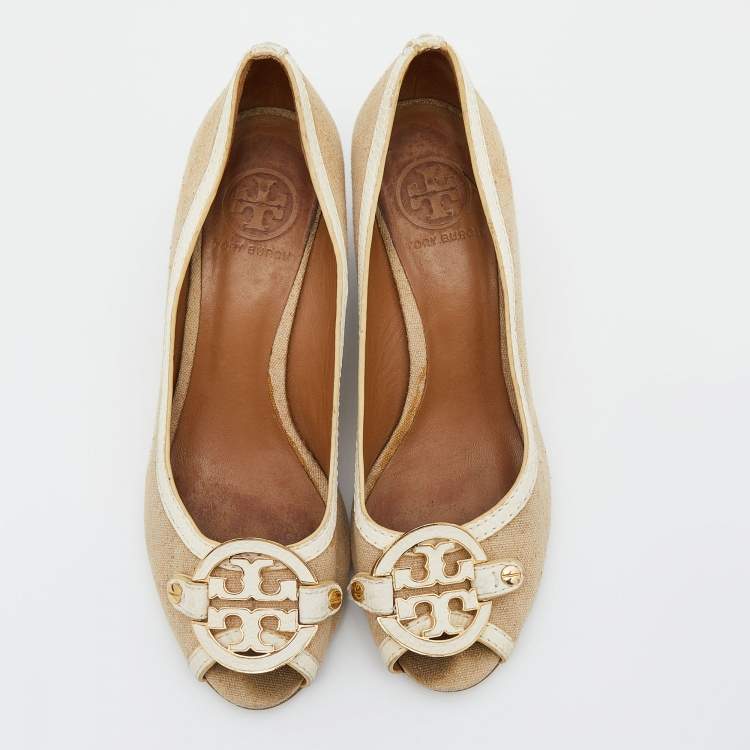 Pre Owned Tory Burch Beige/White Canvas and Leather Amanda Peep Toe Wedge Pumps Size 38