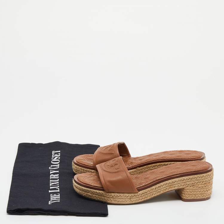 Pre Owned Tory Burch Brown Leather Fleming Espadrille Slides Size 37