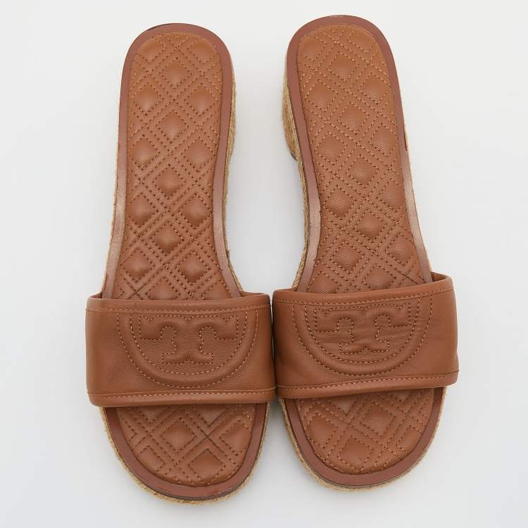 Pre Owned Tory Burch Brown Leather Fleming Espadrille Slides Size 37