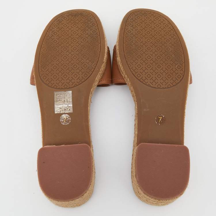 Pre Owned Tory Burch Brown Leather Fleming Espadrille Slides Size 37