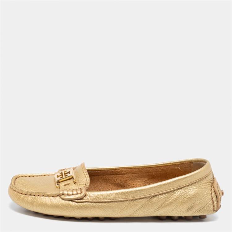Pre Owned Tory Burch Gold Leather Kendrick Loafers Size 38