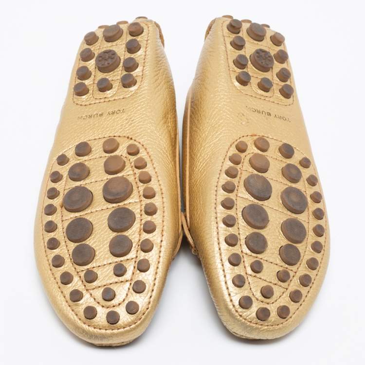 Pre Owned Tory Burch Gold Leather Kendrick Loafers Size 38