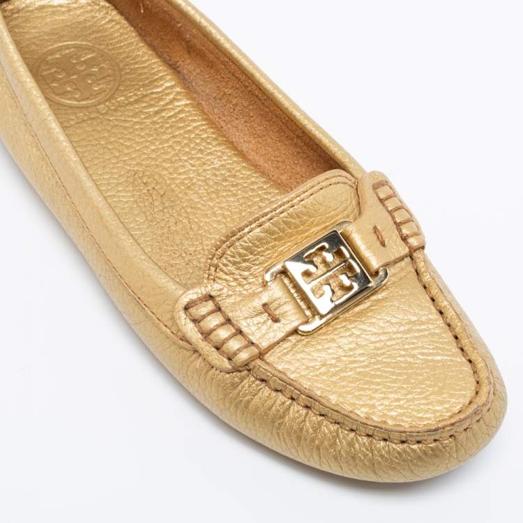 Pre Owned Tory Burch Gold Leather Kendrick Loafers Size 38