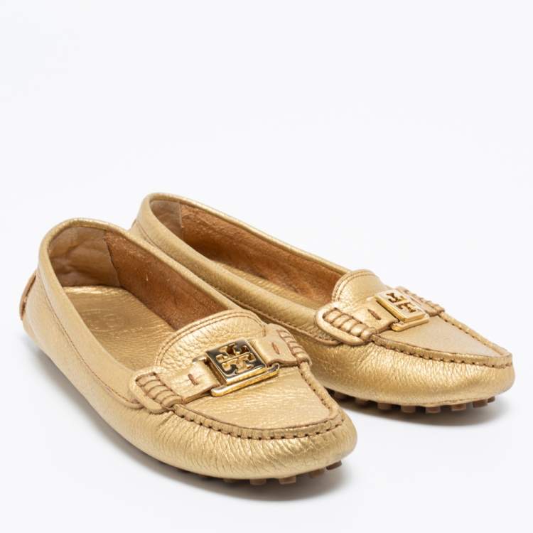 Pre Owned Tory Burch Gold Leather Kendrick Loafers Size 38