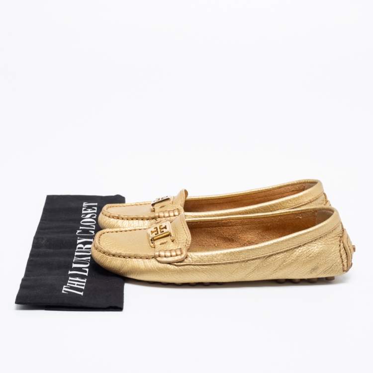 Pre Owned Tory Burch Gold Leather Kendrick Loafers Size 38