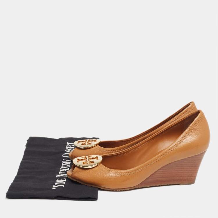 Pre Owned Tory Burch Brown Leather Julianne Wedge Peep-Toe Pumps Size 38