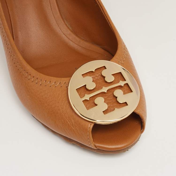 Pre Owned Tory Burch Brown Leather Julianne Wedge Peep-Toe Pumps Size 38