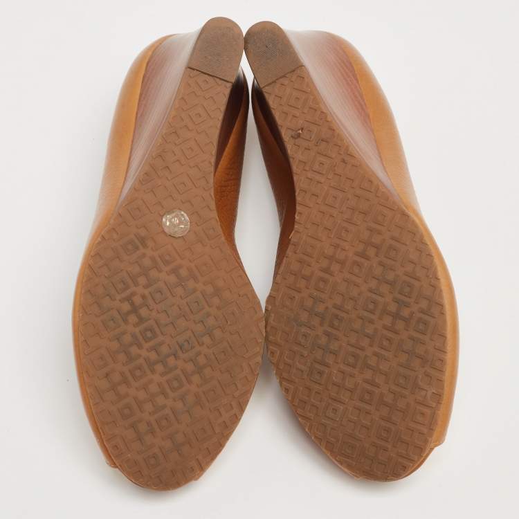 Pre Owned Tory Burch Brown Leather Julianne Wedge Peep-Toe Pumps Size 38