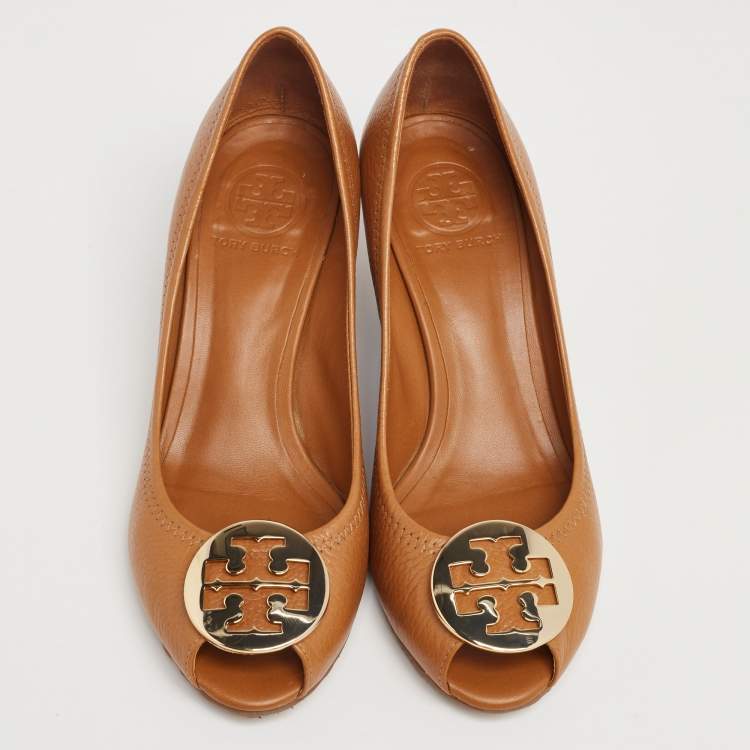 Pre Owned Tory Burch Brown Leather Julianne Wedge Peep-Toe Pumps Size 38