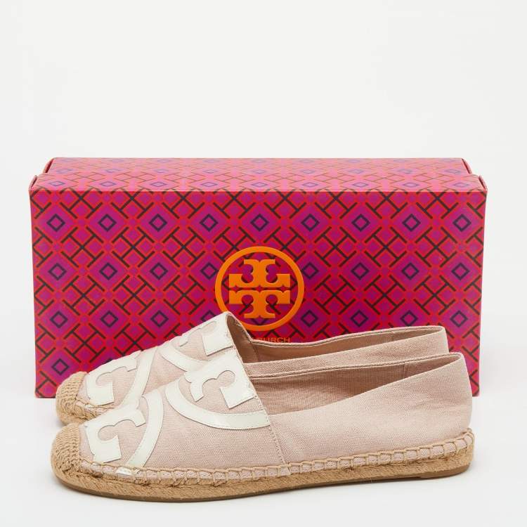 Pre Owned Tory Burch Pink/White Canvas And Patent Espadrille Flats Size 38