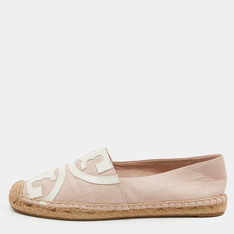 Pre Owned Tory Burch Pink/White Canvas And Patent Espadrille Flats Size 38