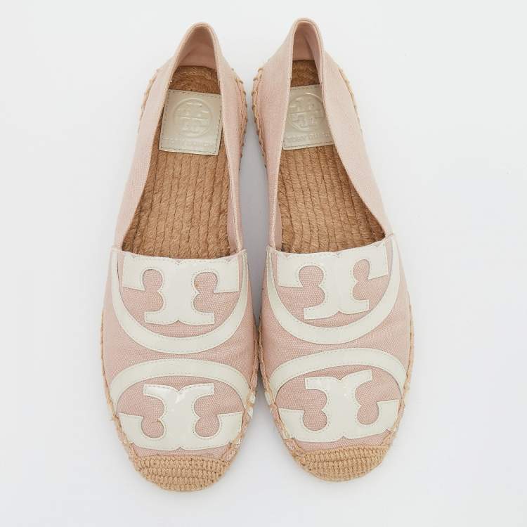 Pre Owned Tory Burch Pink/White Canvas And Patent Espadrille Flats Size 38