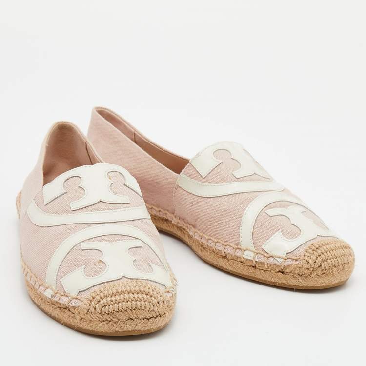 Pre Owned Tory Burch Pink/White Canvas And Patent Espadrille Flats Size 38