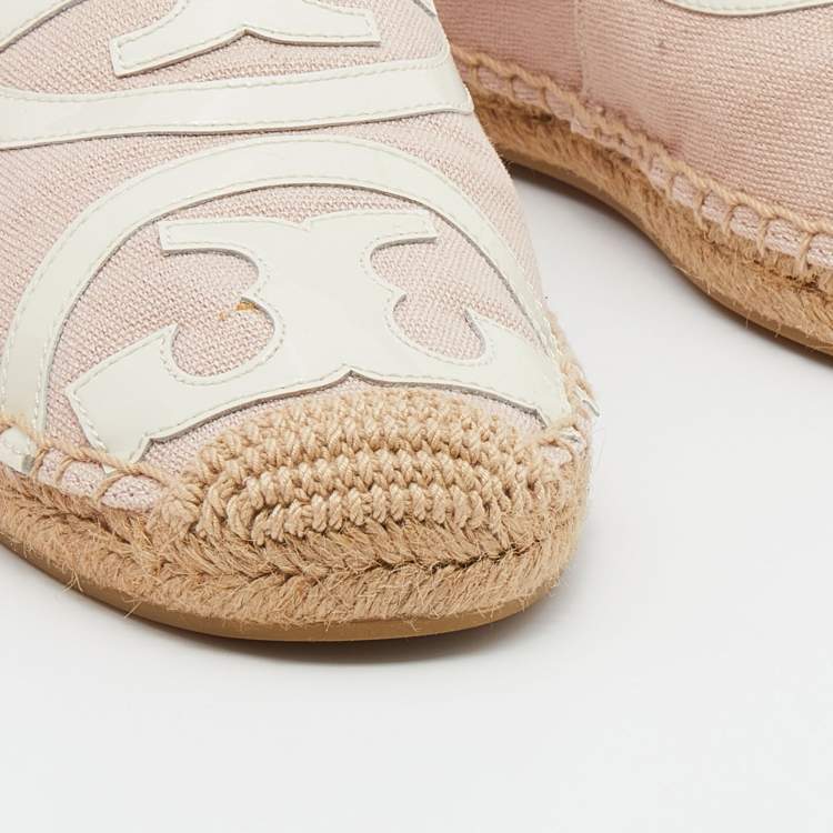 Pre Owned Tory Burch Pink/White Canvas And Patent Espadrille Flats Size 38
